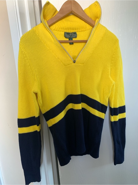Ralph Lauren Sweaters - Ralph Lauren Yellow and Navy Half-Zip Cowl Sweater